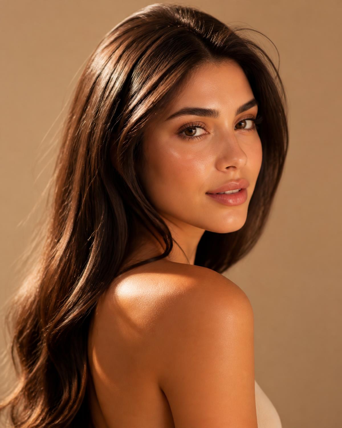 Mulher com cabelo saudável e pele luminosa